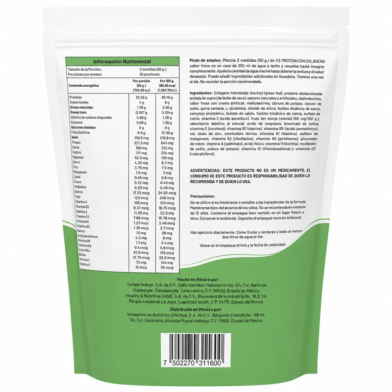 PROTEÍNA DE AISLADO DE SUERO DE LECHE-WHEY FS-PROTEIN CON COLÁGENO SIN AZÚCAR FRESA 500g