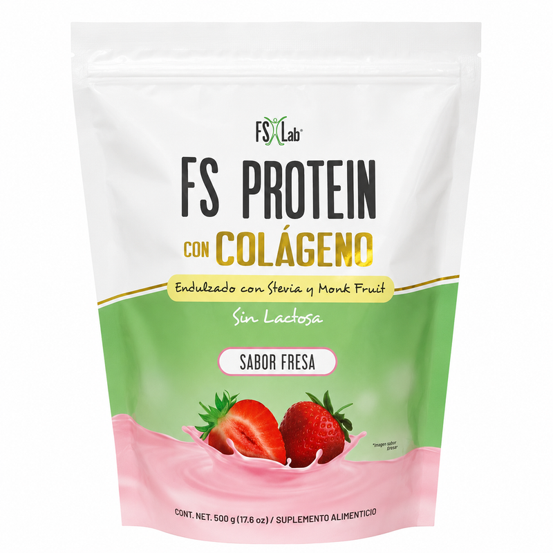 PROTEÍNA DE AISLADO DE SUERO DE LECHE-WHEY FS-PROTEIN CON COLÁGENO SIN AZÚCAR FRESA 500g
