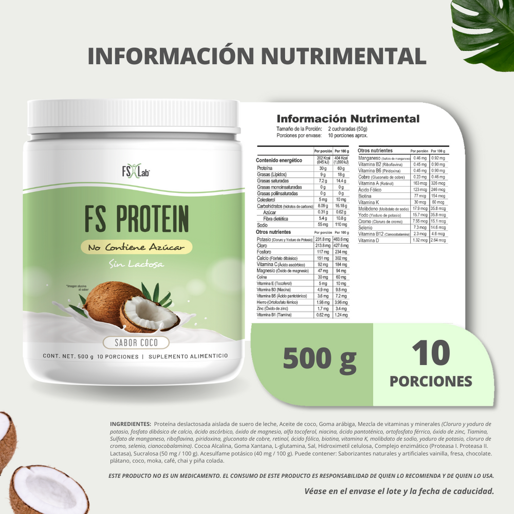 Proteína de Aislado de Suero de Leche-Whey FS-Protein Sin Azúcar Coco 500g