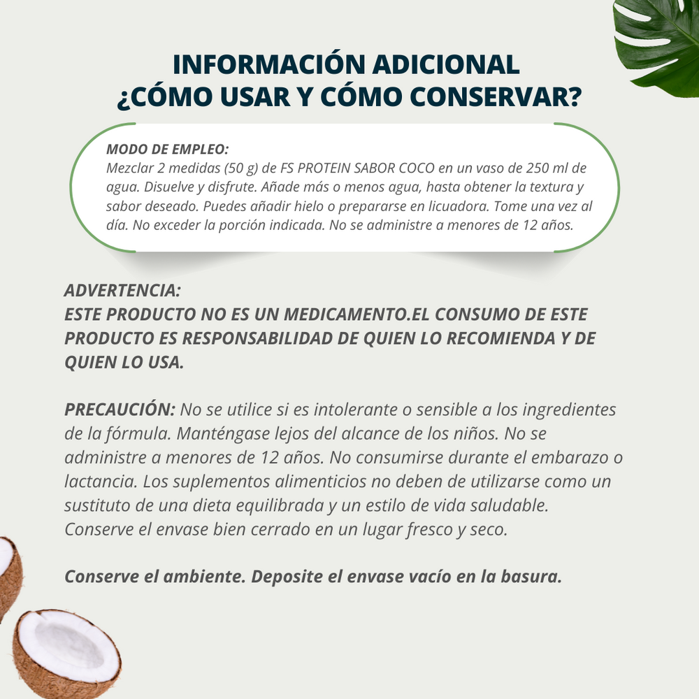 Proteína de Aislado de Suero de Leche-Whey FS-Protein Sin Azúcar Coco 500g