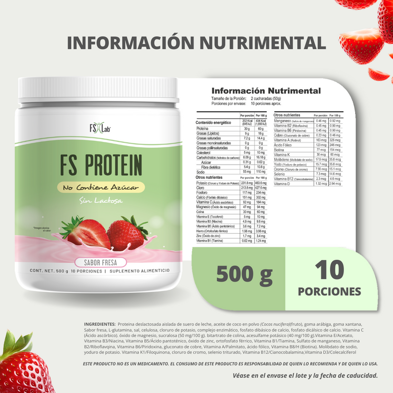 Proteína de Aislado de Suero de Leche-Whey FS-Protein Sin Azúcar Fresa 500g