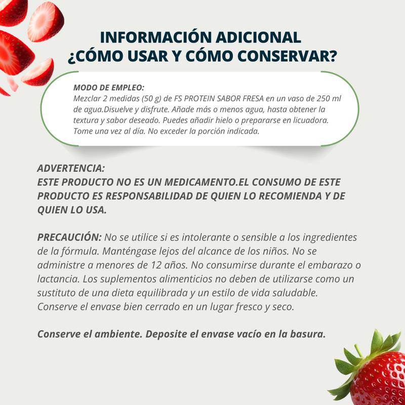 Proteína de Aislado de Suero de Leche-Whey FS-Protein Sin Azúcar Fresa 500g