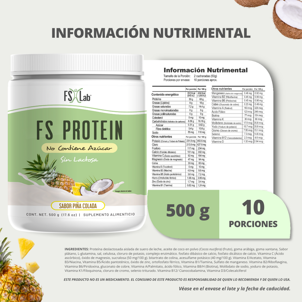Proteína de Aislado de Suero de Leche-Whey Protein-FS- Protein Sin Azúcar Piña Colada 500g