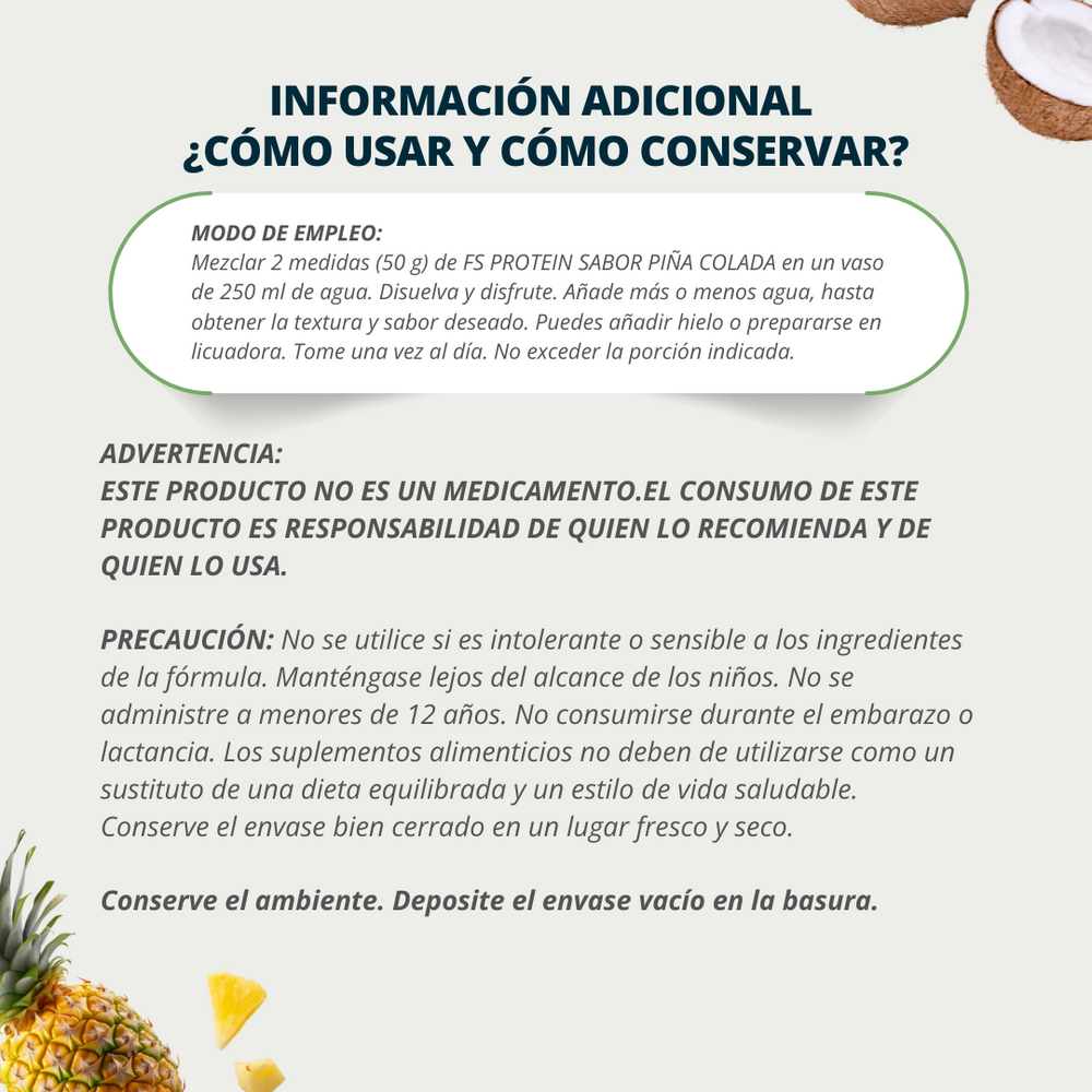 Proteína de Aislado de Suero de Leche-Whey Protein-FS- Protein Sin Azúcar Piña Colada 500g