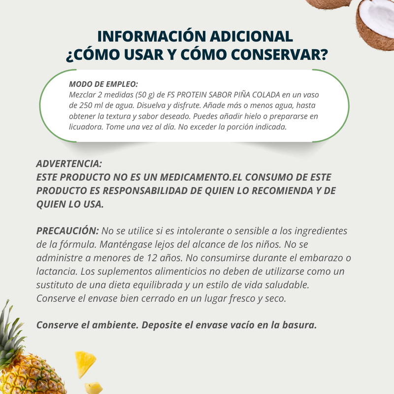 Proteína de Aislado de Suero de Leche-Whey Protein-FS- Protein Sin Azúcar Piña Colada 500g