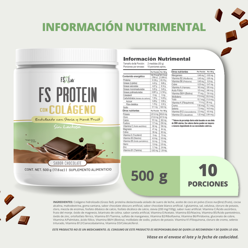 Proteína de Aislado de Suero de Leche-Whey FS-Protein con colágeno sin Azúcar Chocolate 500g