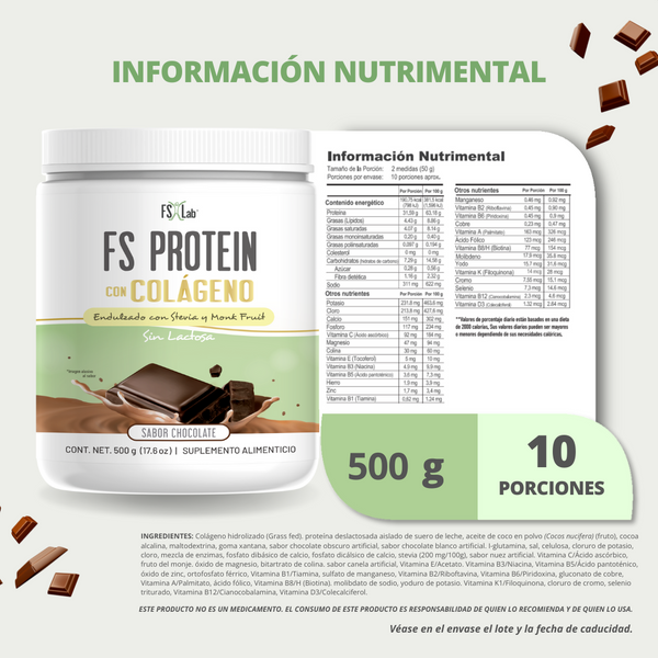 KIT 3 PROTEÍNAS DE AISLADO DE SUERO DE LECHE-WHEY FS-PROTEIN CON COLÁGENO  SIN AZÚCAR SABOR CHOCOLATE 500 g