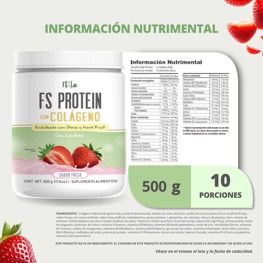 PROTEÍNA DE AISLADO DE SUERO DE LECHE-WHEY FS-PROTEIN CON COLÁGENO SIN AZÚCAR FRESA 500g