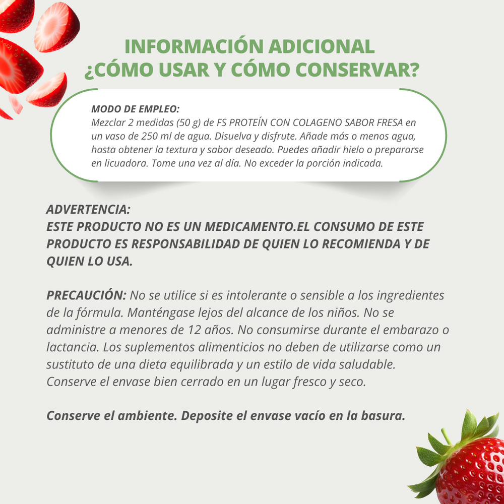PROTEÍNA DE AISLADO DE SUERO DE LECHE-WHEY FS-PROTEIN CON COLÁGENO SIN AZÚCAR FRESA 500g