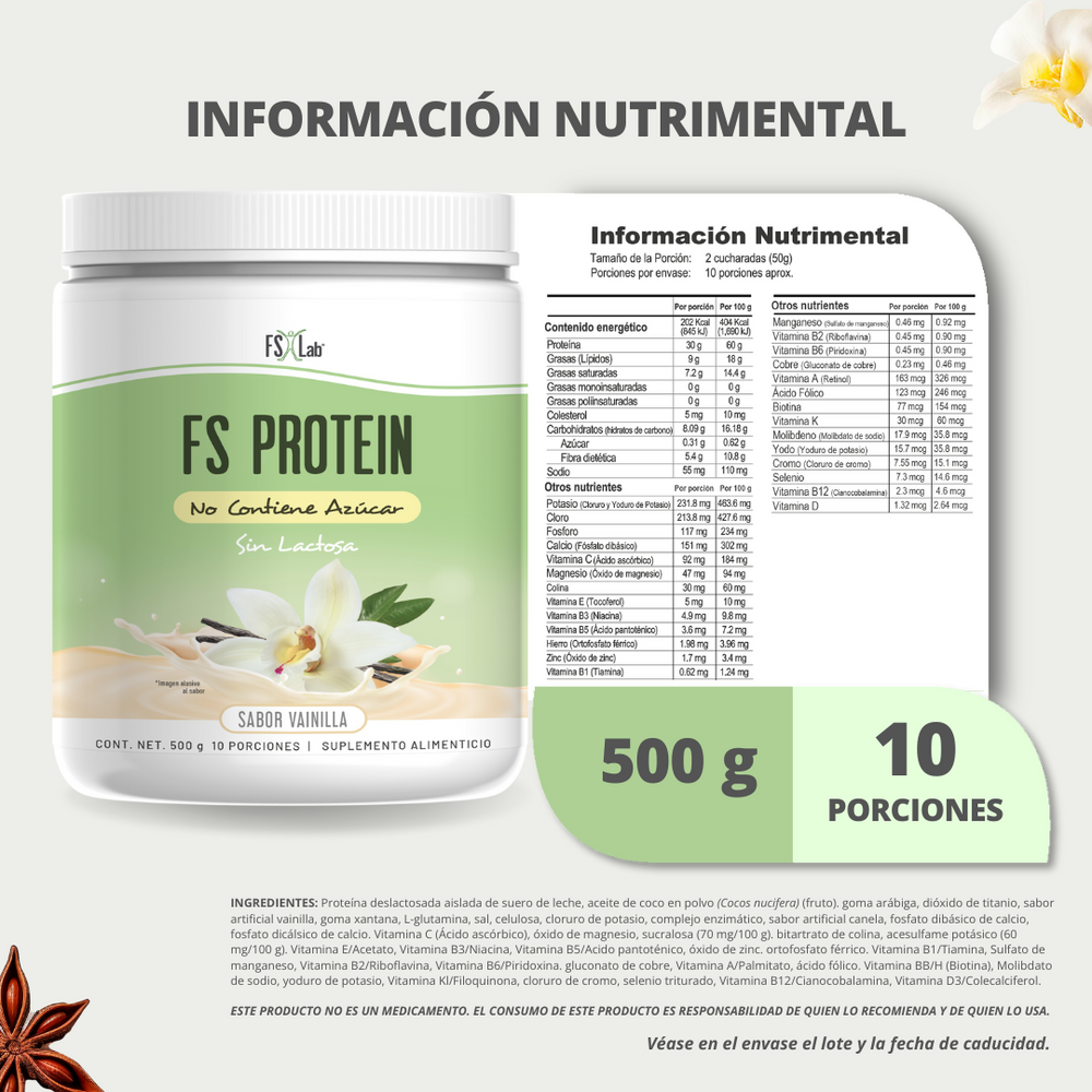Proteína de Aislado de Suero de Leche Whey Protein FS-Protein Sin Azúcar Vainilla 500g