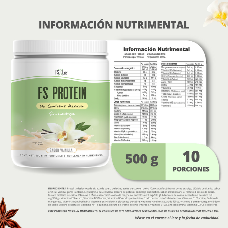 Proteína de Aislado de Suero de Leche Whey Protein FS-Protein Sin Azúcar Vainilla 500g