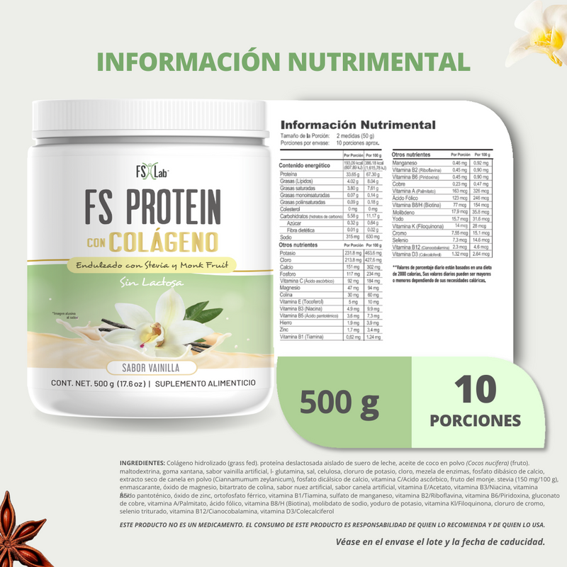 PROTEÍNA DE AISLADO DE SUERO DE LECHE-WHEY FS-PROTEIN CON COLÁGENO SIN AZÚCAR VAINILLA 500g