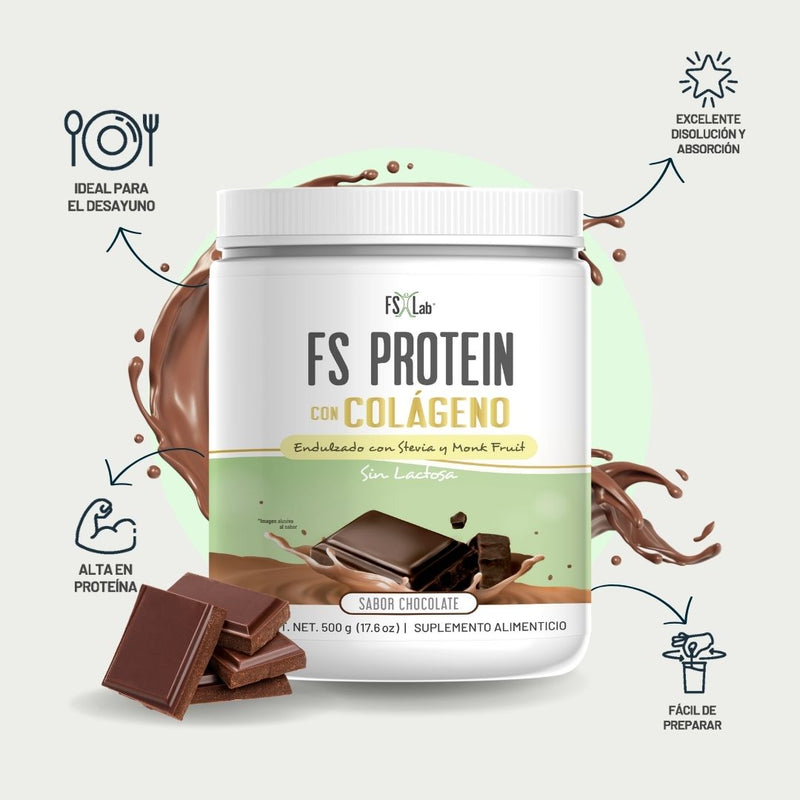 Proteína de Aislado de Suero de Leche-Whey FS-Protein con colágeno sin Azúcar Chocolate 500g