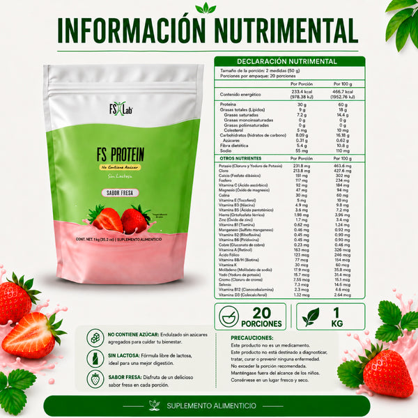 Bolsa Proteína de Aislado de Suero de Leche-Whey FS-Protein Sin Azúcar 1 kilo Fresa