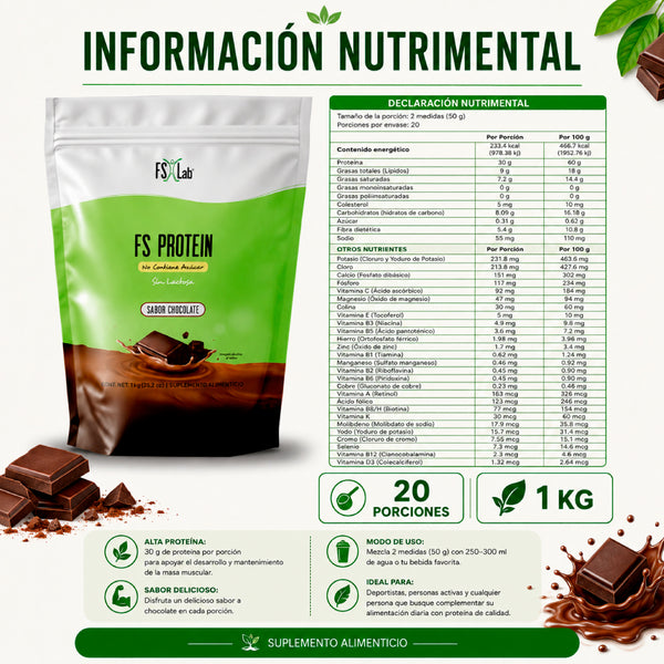 Bolsa Proteína de Aislado de Suero de Leche-Whey FS-Protein Sin Azúcar 1 kilo chocolate