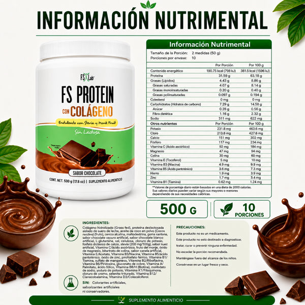 Proteína de Aislado de Suero de Leche-Whey FS-Protein con colágeno sin Azúcar Chocolate 500g