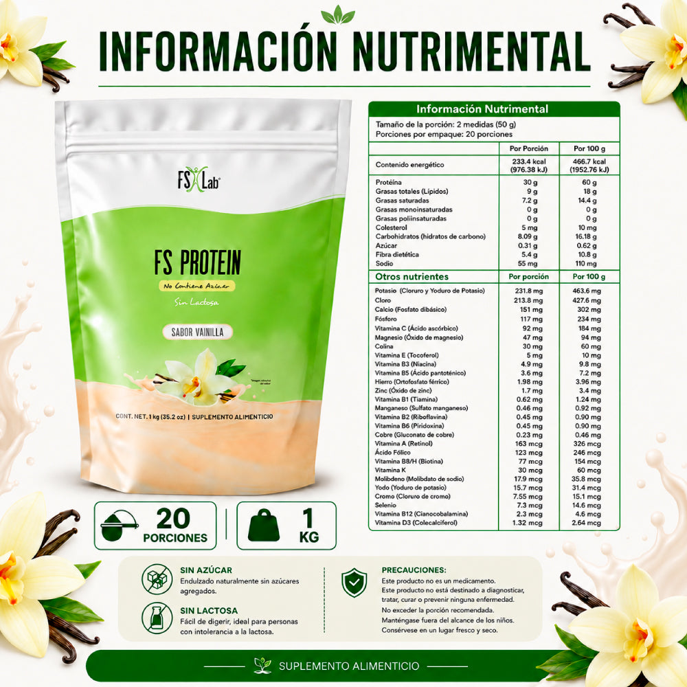 Bolsa Proteína de Aislado de Suero de Leche-Whey FS-Protein Sin Azúcar 1 kilo Vainilla