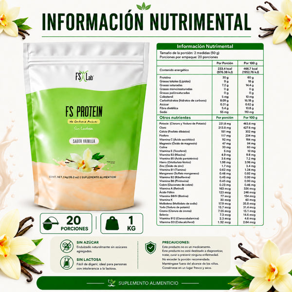 Bolsa Proteína de Aislado de Suero de Leche-Whey FS-Protein Sin Azúcar 1 kilo Vainilla