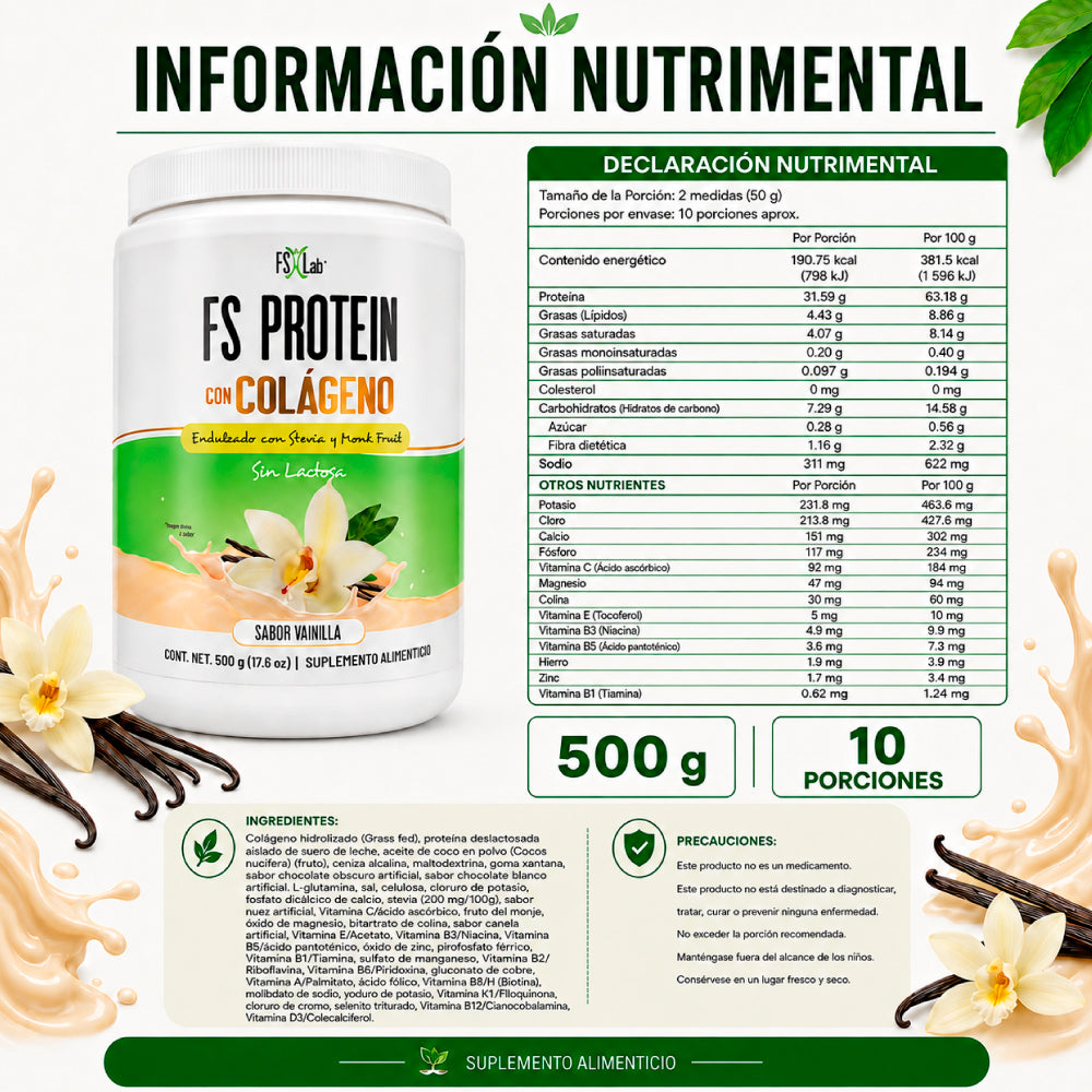 PROTEÍNA DE AISLADO DE SUERO DE LECHE-WHEY FS-PROTEIN CON COLÁGENO SIN AZÚCAR VAINILLA 500g