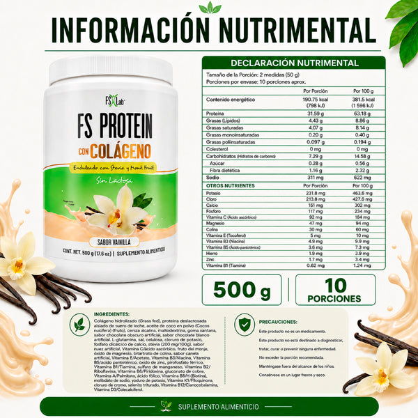PROTEÍNA DE AISLADO DE SUERO DE LECHE-WHEY FS-PROTEIN CON COLÁGENO SIN AZÚCAR VAINILLA 500g