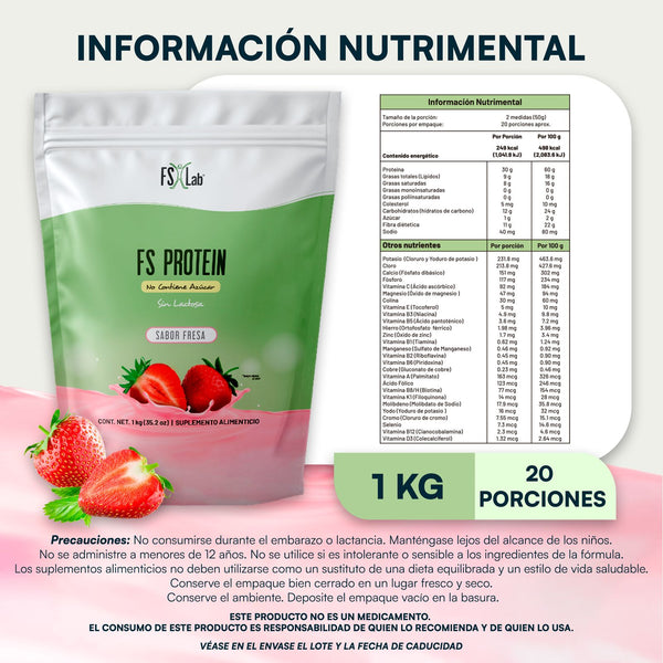 Bolsa Proteína de Aislado de Suero de Leche-Whey FS-Protein Sin Azúcar 1 kilo Fresa